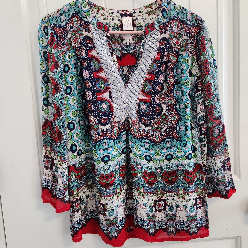 BILA Peasant V Neck Embroidery Paisley Sequins Blue Red Blouse Size Small - Picture 1 of 7